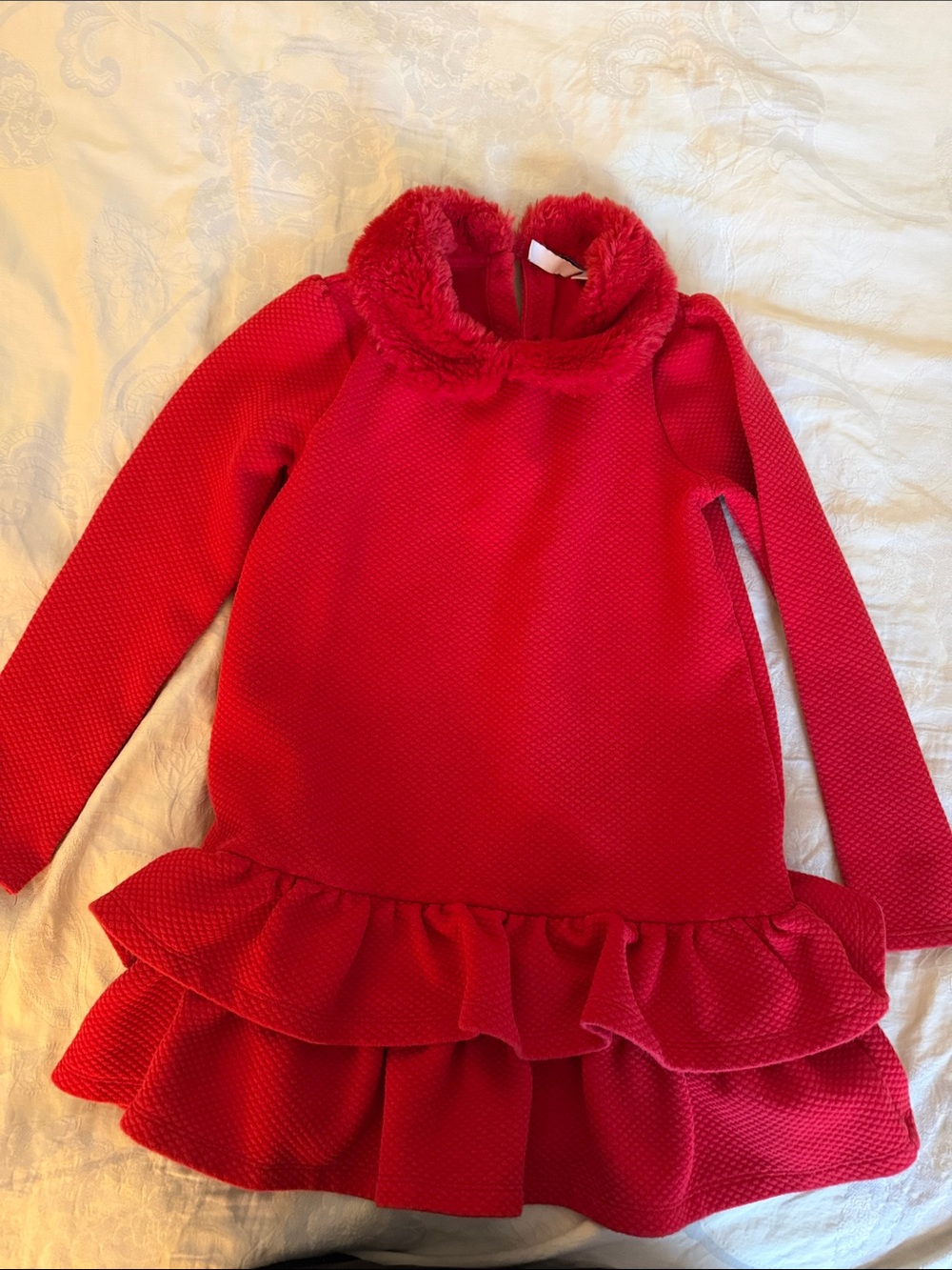 Janie and Jack Girls' Red Long-Sleeve Ruffle Dress with Fur Collar size 7